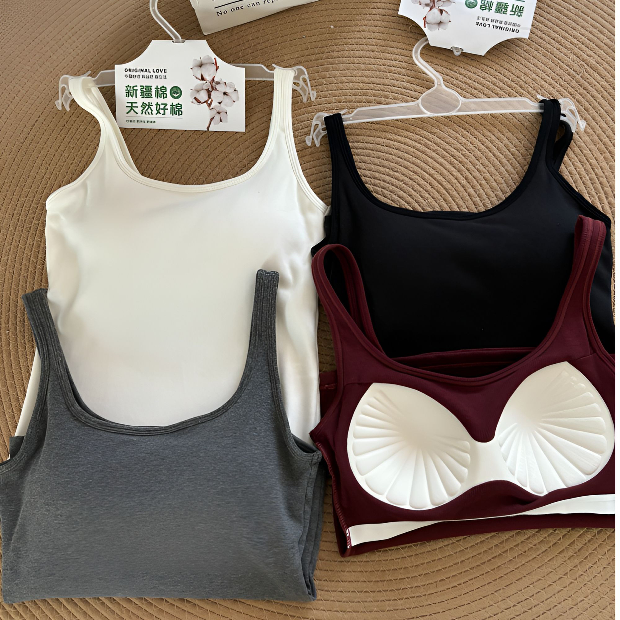 1️⃣新螺纹夏季外穿美背带胸垫一体U型露背吊带背心内搭打底