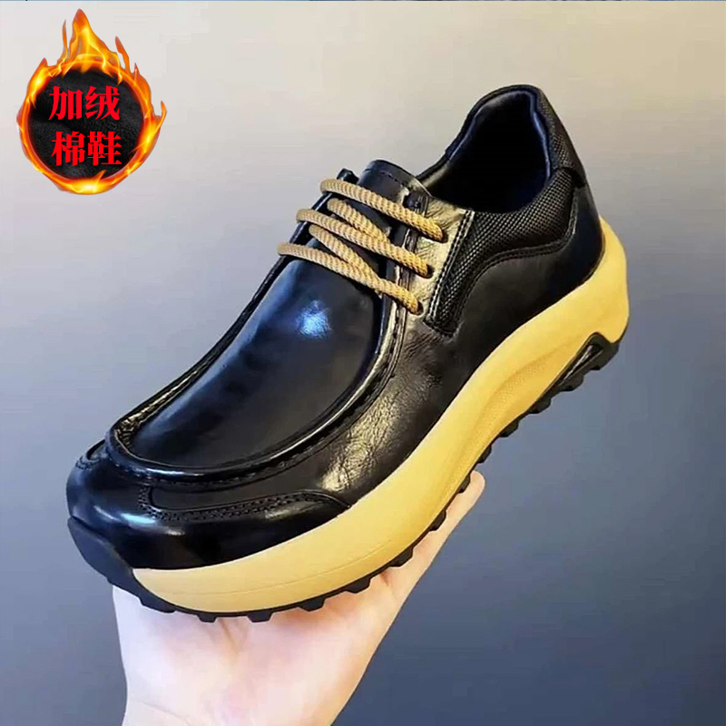 冬季加绒小皮鞋男款百搭休闲保暖黑色皮鞋男士英伦潮流增高男鞋子