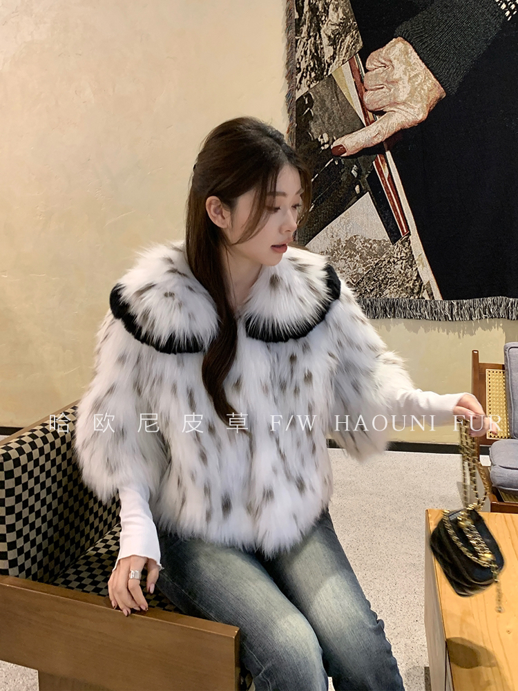 山猫纹狐狸毛车条毛毛短外套