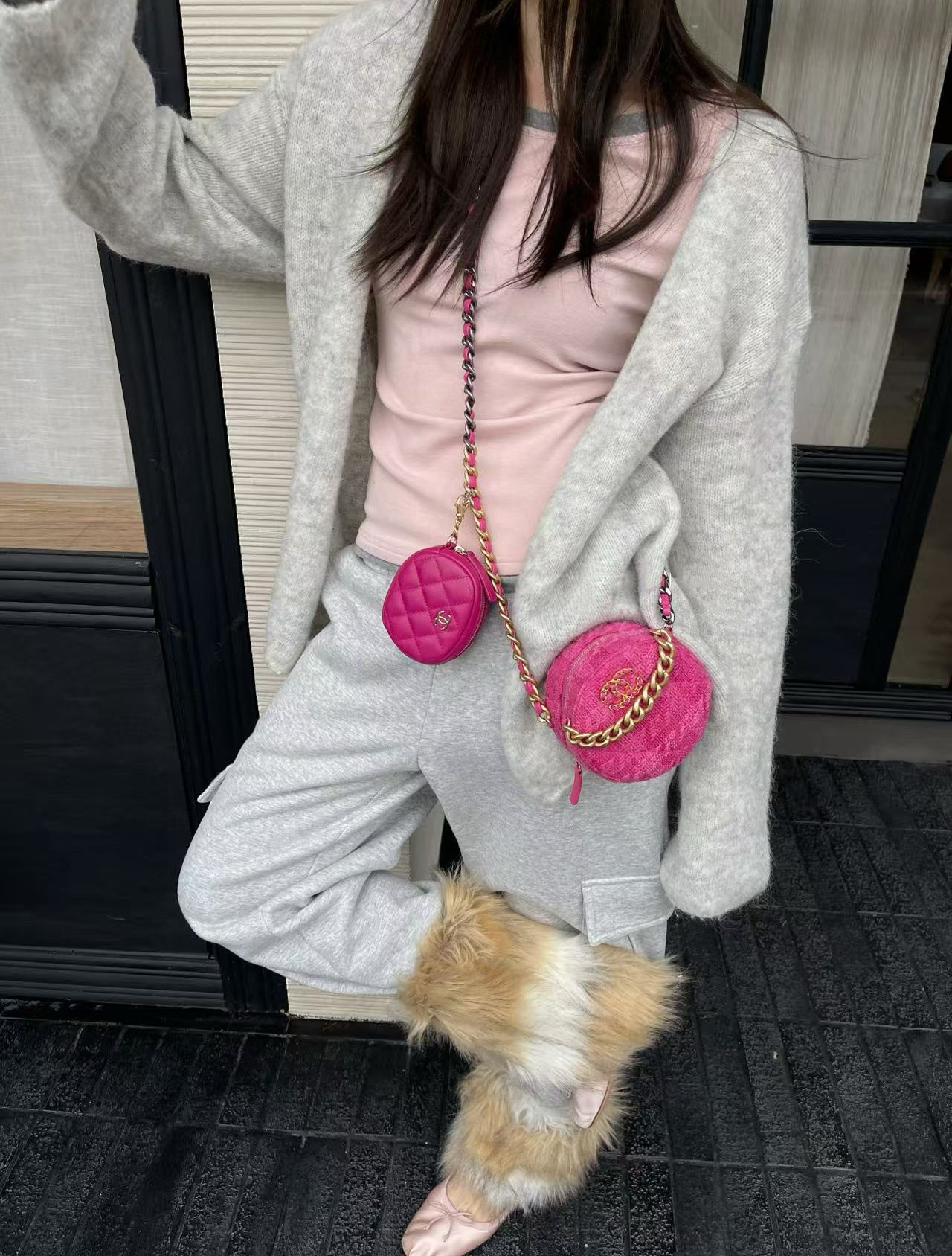 95新 Chanel/香奈儿 GGS双子小圆饼玫红色金扣毛呢拼皮59393817