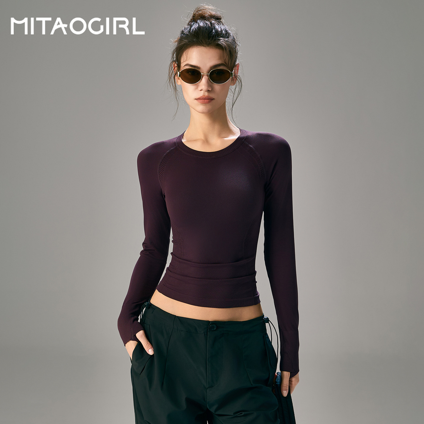 MITAOGIRL瑜伽服女秋冬新款速干上衣透气无缝一体健身运动长袖