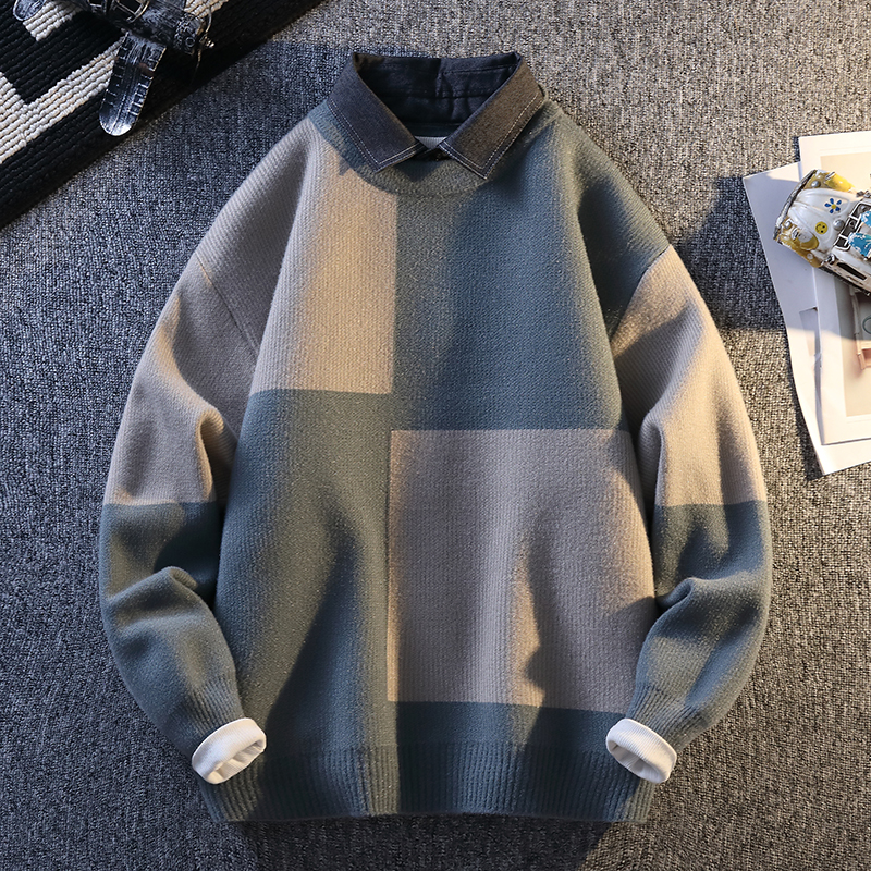 青年秋冬季假两件针织衫潮流时尚加厚款保暖衬衫领毛衣学生打底衫