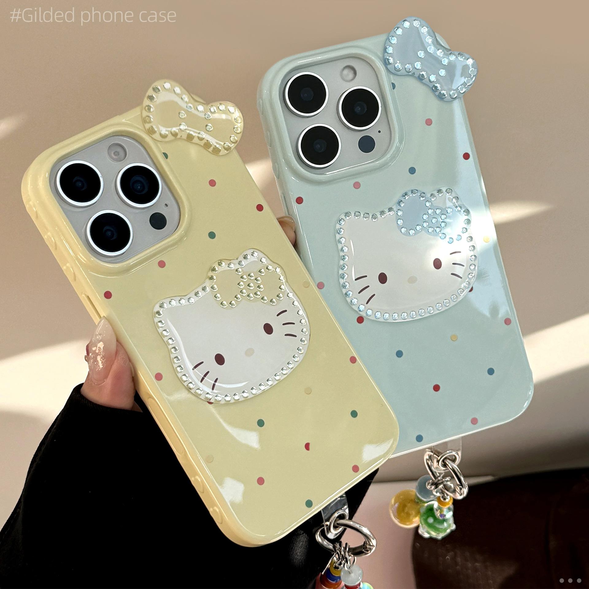 立体鎏金适用15promax苹果16手机壳iphone14彩波点蝴蝶结猫13挂件