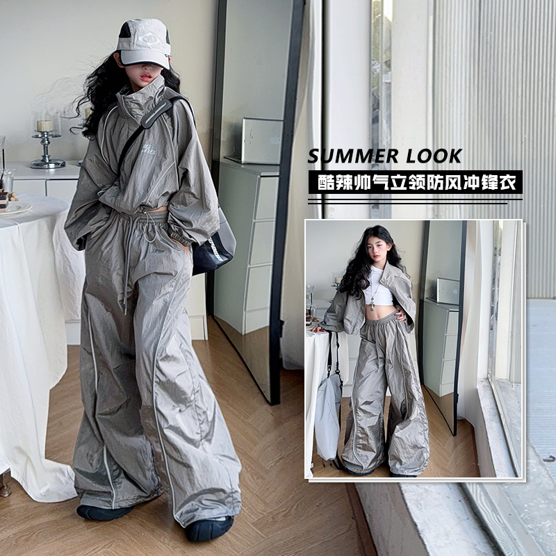 【嘻嘻柚】女童美式街舞潮酷冲锋衣套装2025新款立领外套纯色工装裤