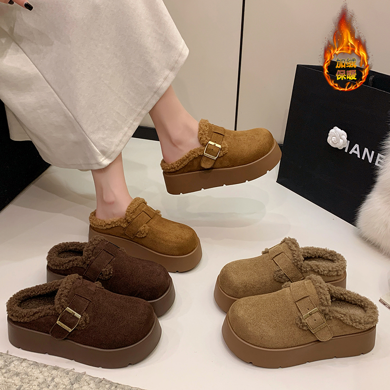 厚底加绒勃肯鞋包头半拖鞋女外穿2025秋冬新款一脚蹬毛毛鞋棉拖鞋