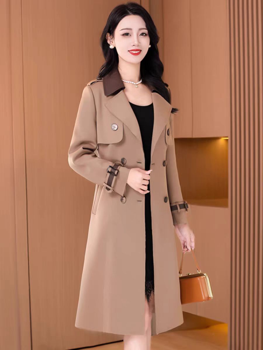 【F042】春秋季新款修身气质撞色风衣外套中长款英伦风休闲大衣