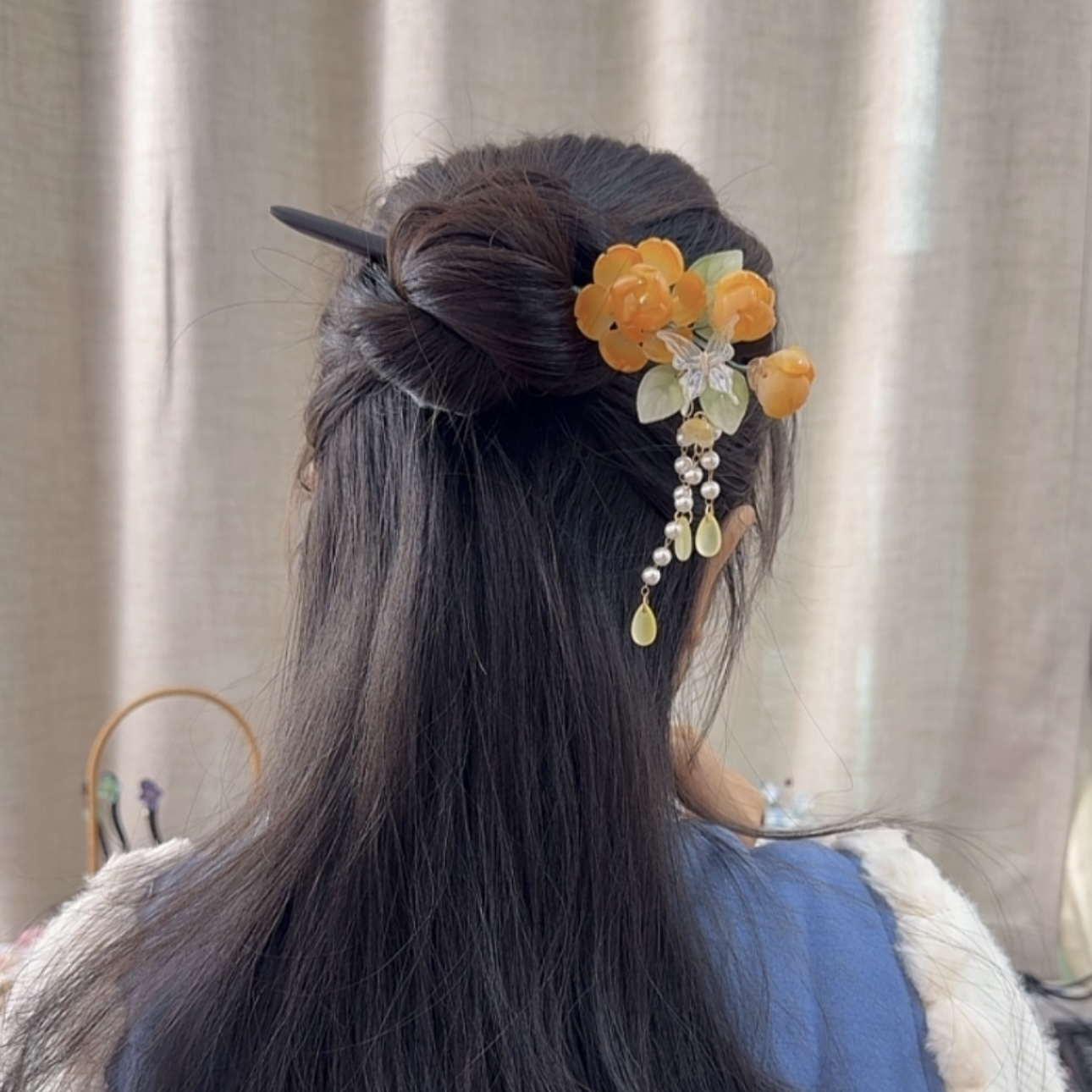 808琉璃木簪黄色发饰汉服旗袍盘发头饰国风流苏发饰