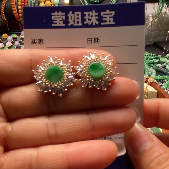 翡翠耳饰合金绿无事牌大雪花耳钉