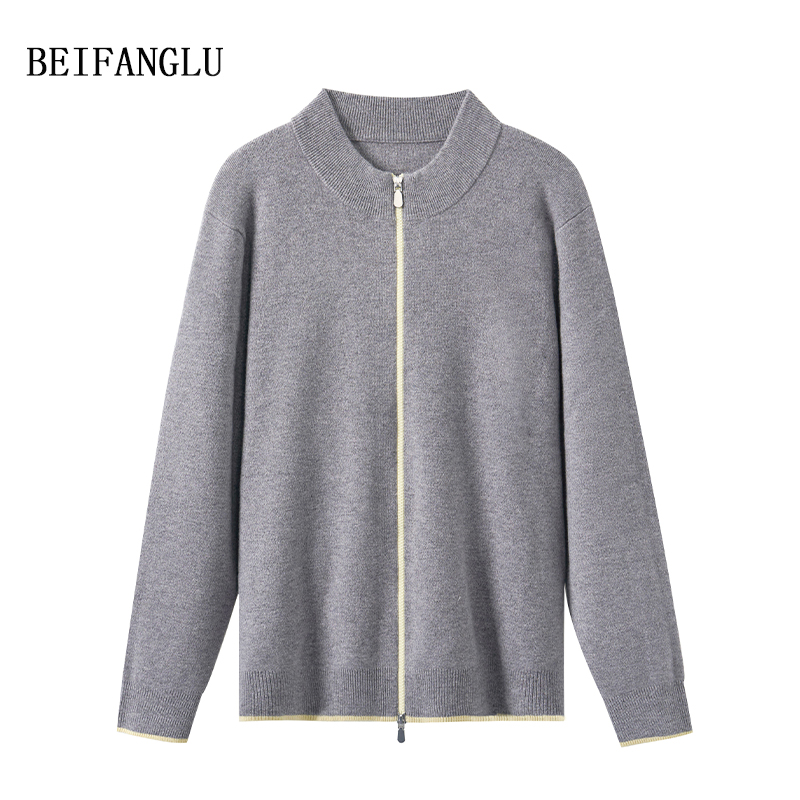 北方鹿 意式B*C商务风#100绵羊毛圆领拉链长袖男士羊毛开衫251190