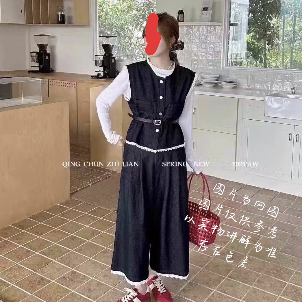 【大白莎家】复古蕾丝拼接显瘦气质时尚马甲+T恤休闲+大码女装