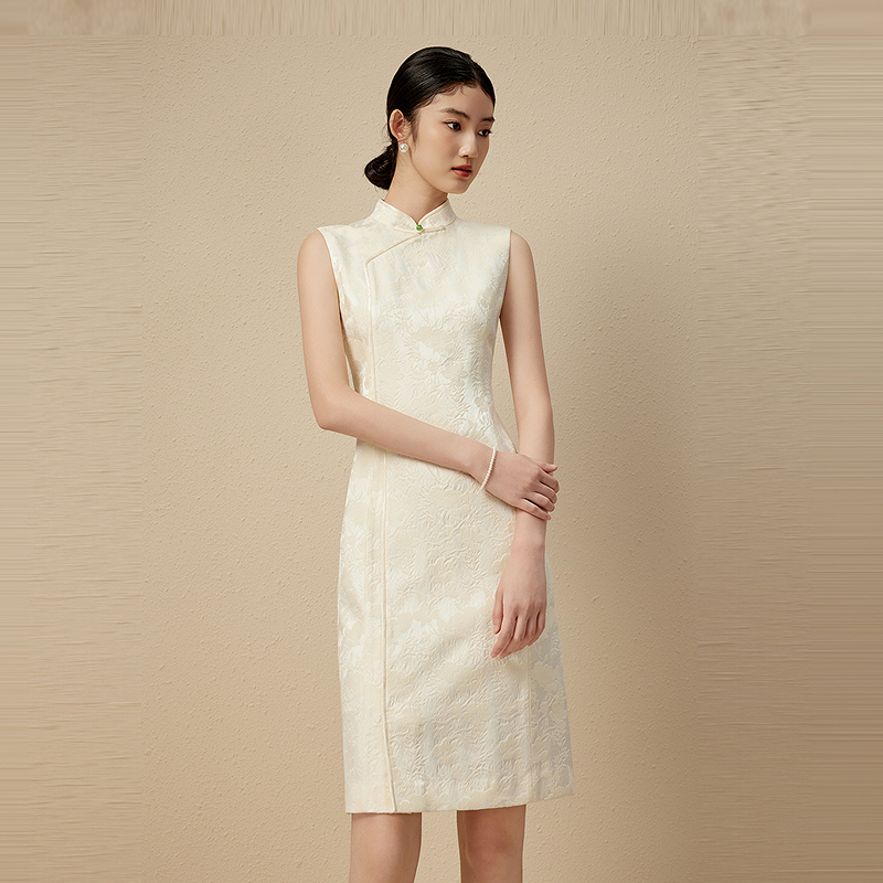 LIME/莱茵【可可专属】无袖旗袍中式国风连衣裙米白色LMGA1AWOP301