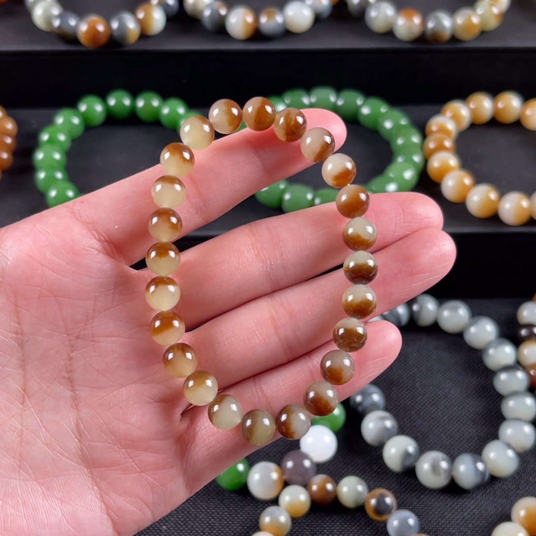 和田玉手串未镶嵌卡8小黄糖聚宝盆新疆