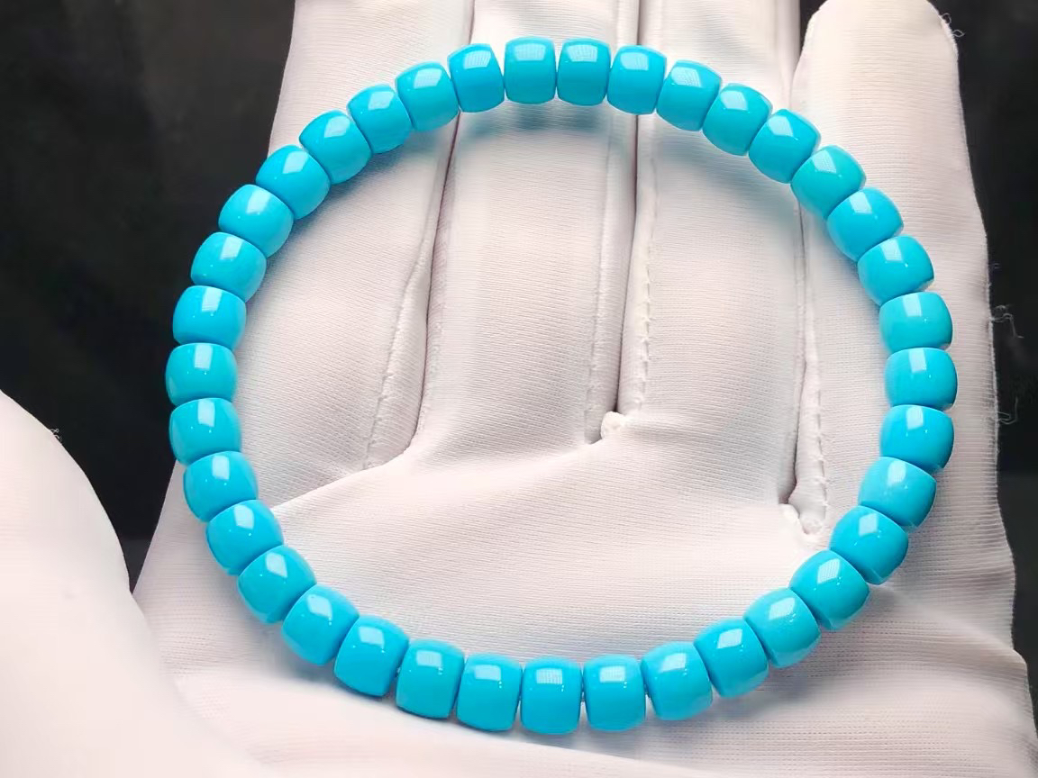 纯天然高瓷蓝松石直切老型手串，直径6，克重10.86克，顺色干净，少白