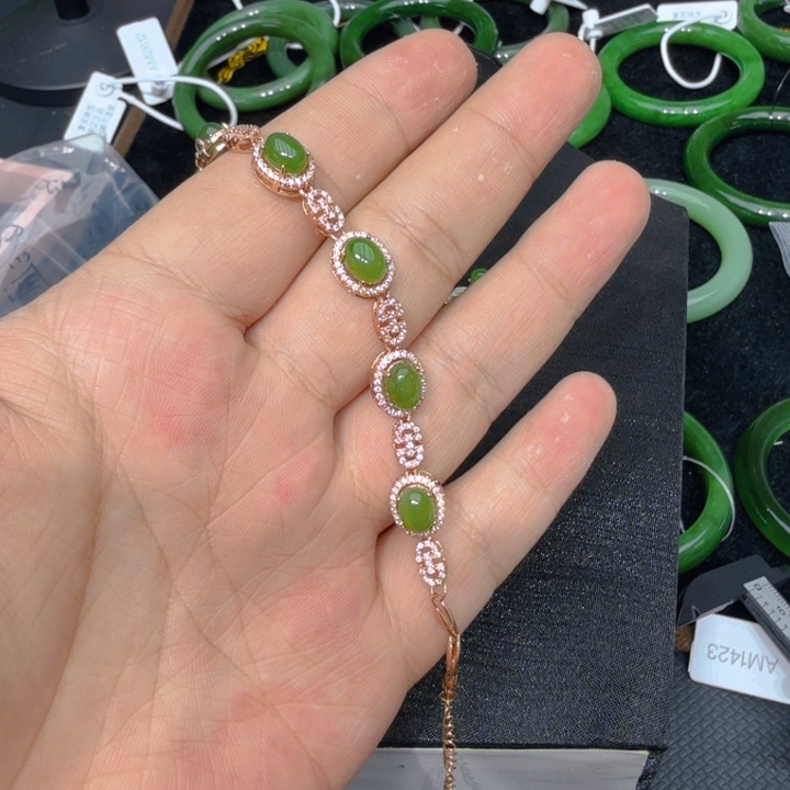 和田玉（碧玉）手链银S925镀金镶嵌