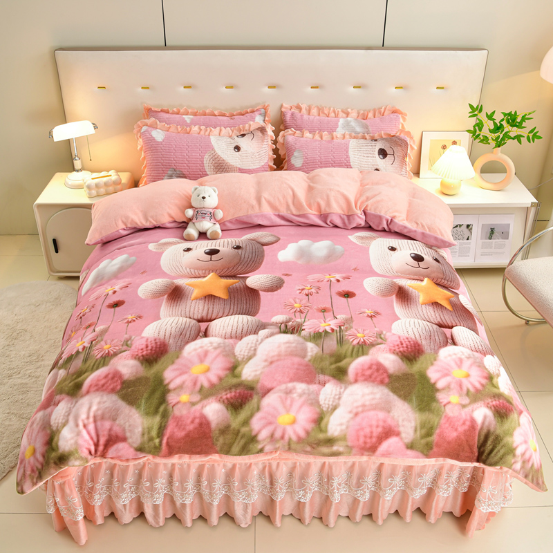 新款5D牛奶绒床盖四件套宝宝绒床盖秋冬加厚床品四件套床盖加绒