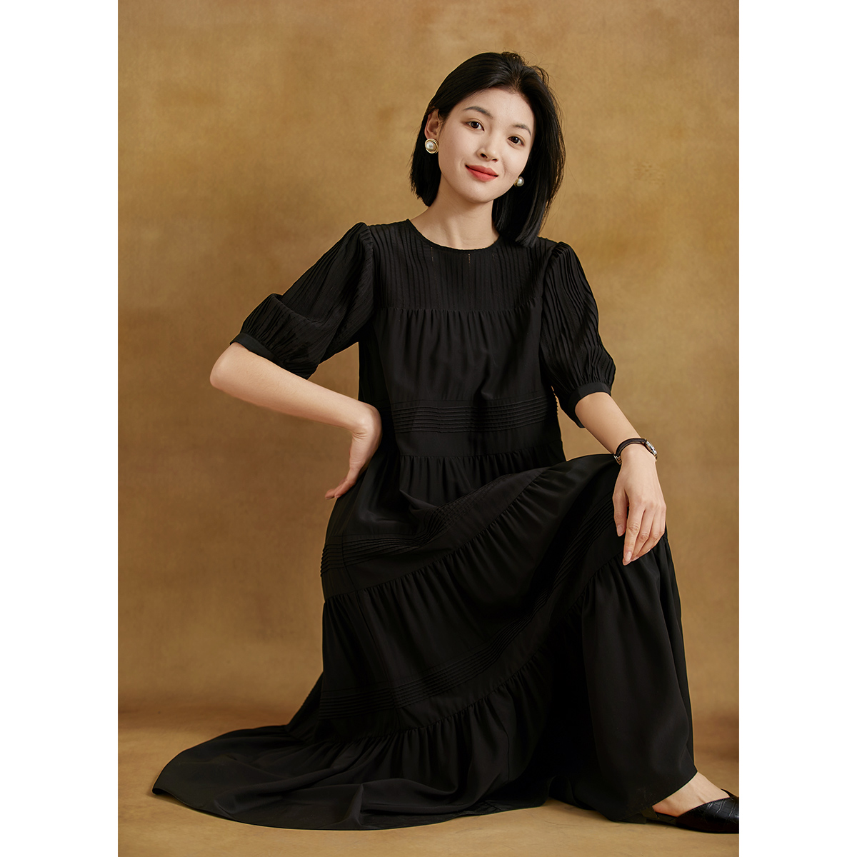 [SQB684829MG]笑涵“聆风私语"重磅真丝连衣裙塔克褶蚕丝蛋糕裙の