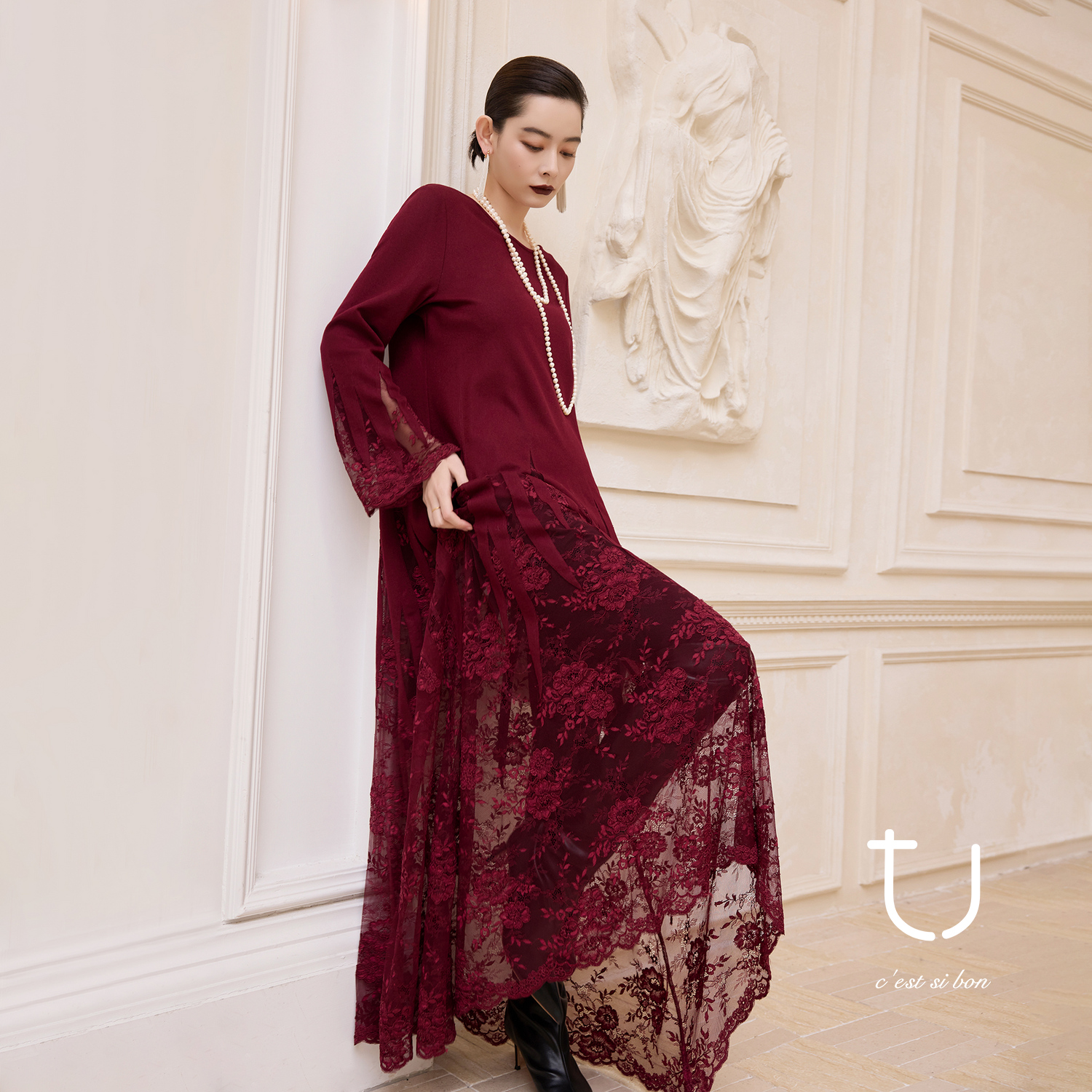 TU女装 伊尔米娜 羊毛蕾丝拼接连衣裙2025年冬季新款晚宴场合女装