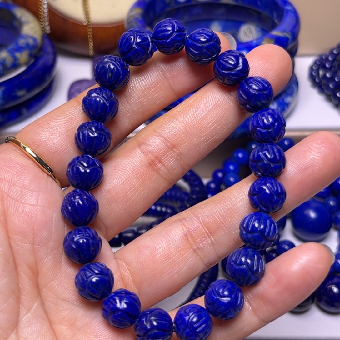 青金石手串未镶嵌莲花雕刻手串9.7m m