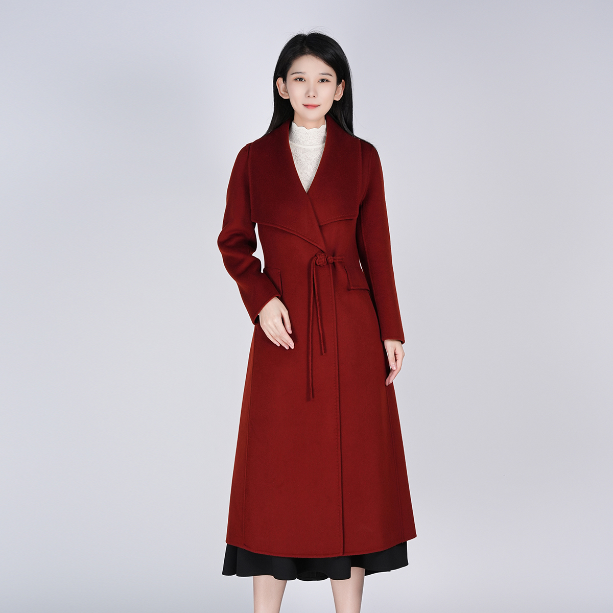 浒城古娘中式绵羊毛山羊绒时尚优雅长款外套毛呢大衣WH050078697