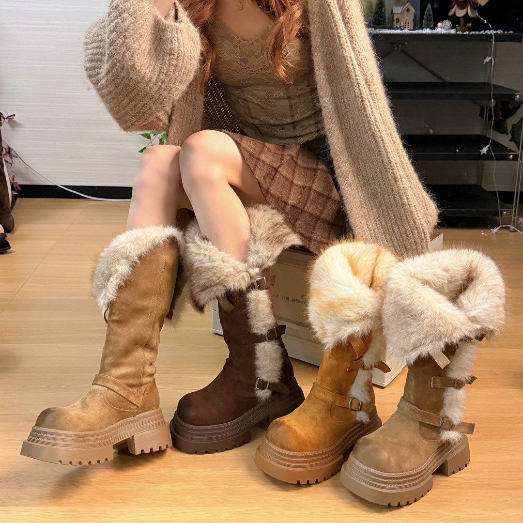 厚底两穿毛绒雪地靴女士2025冬季显瘦高筒加绒保暖防滑扣带长筒靴