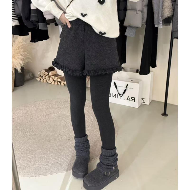 【花边短裤】加绒加厚款秋冬高腰洋气休闲三分裤韩版中弹短裤6101