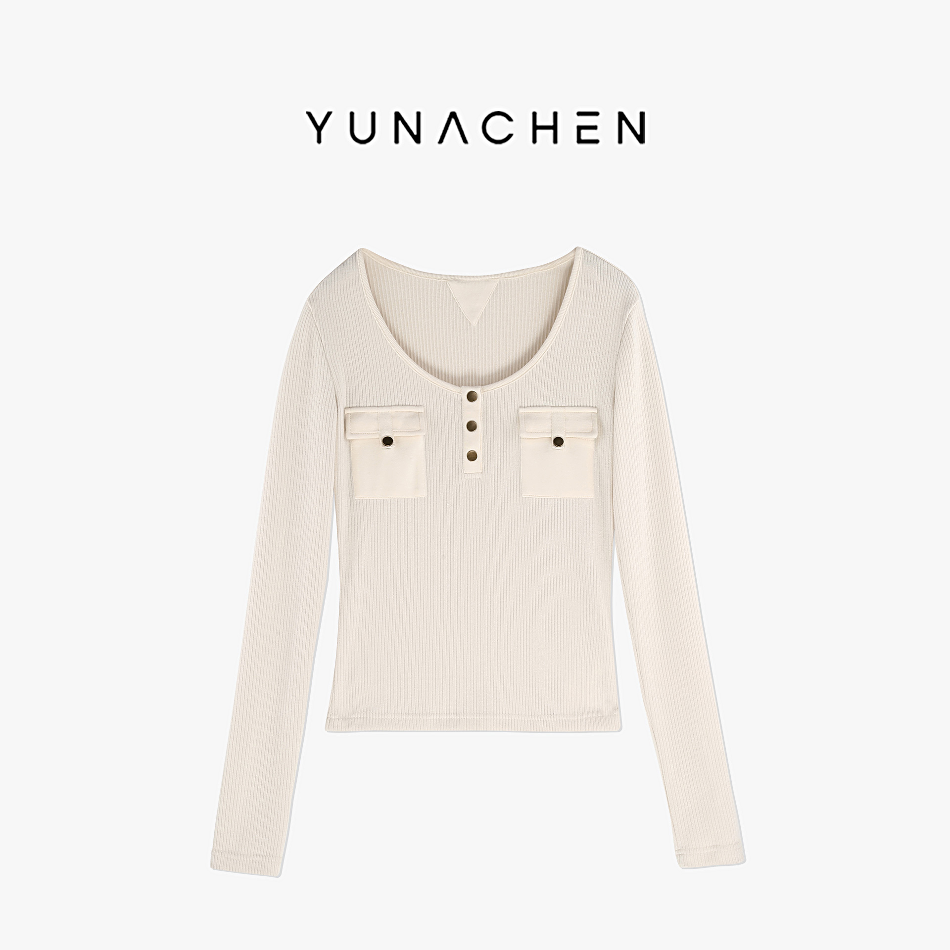 菠萝宝宝yuna【智音】大U领显瘦遮肉口袋针织长袖T恤上衣YH28