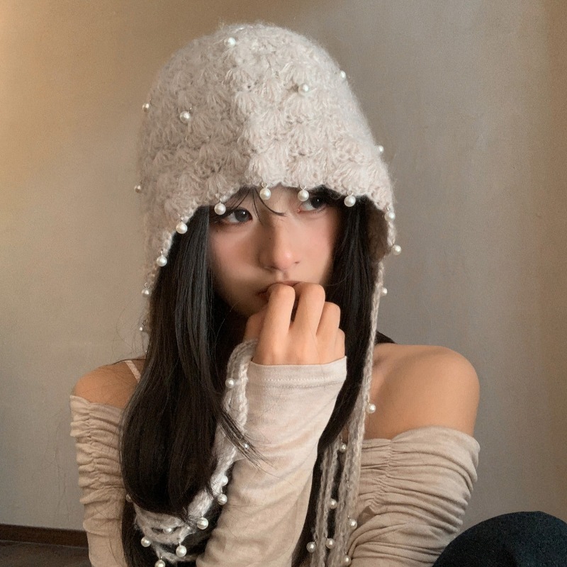 珍珠流苏大头围毛线帽包头帽女秋冬保暖防寒套头帽子显脸小针织帽