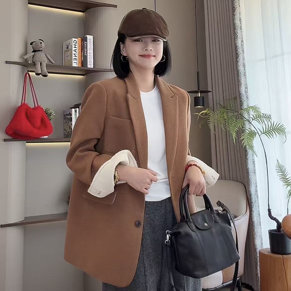 秋季焦糖太妃毛边翻袖气质西装外套5-9-22