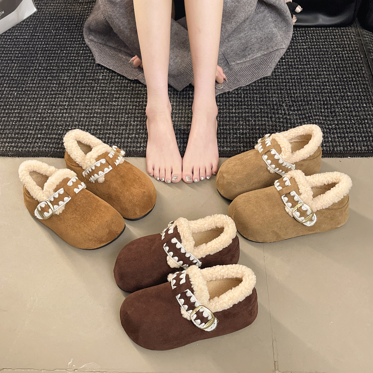 厚底复古内增高包跟勃肯鞋女外穿2025新款秋冬加绒保暖一脚蹬棉鞋