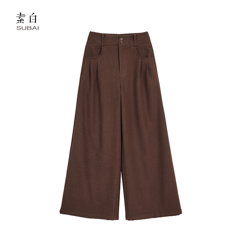 素白【恰好】K02190羊毛呢加厚复古宽松休闲裤