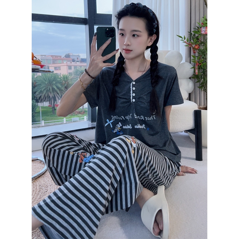 Disney/迪士尼天丝莱赛尔夏季短袖长裤韩版复古简约家居服0464