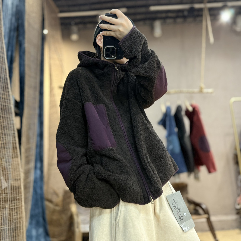 2578A忆古朴拙秋冬拼接连帽颗粒绒外套复古撞色减龄保暖休闲上衣