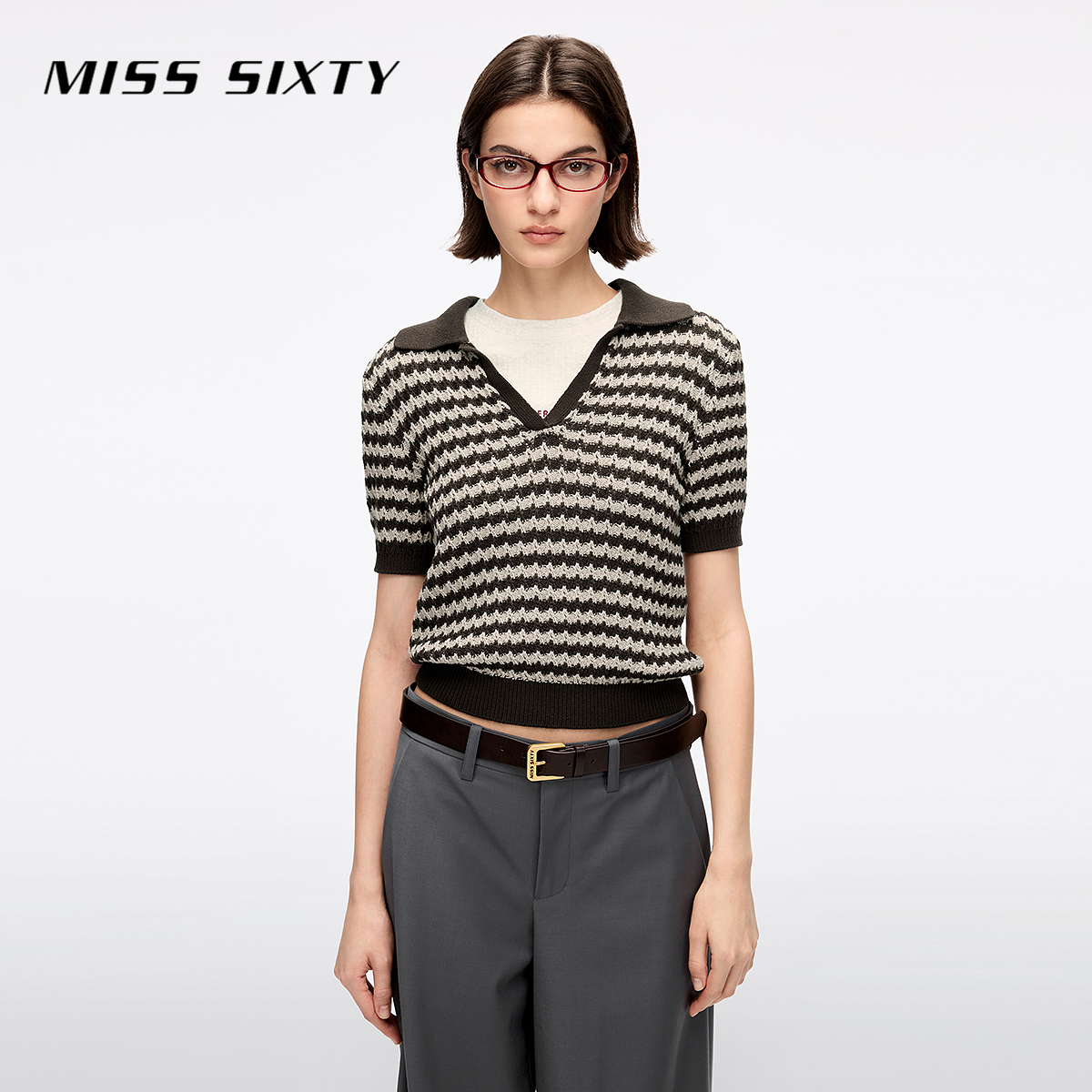 Miss Sixty2025夏季新款针织衫女气质V领复古条纹短袖短款上衣