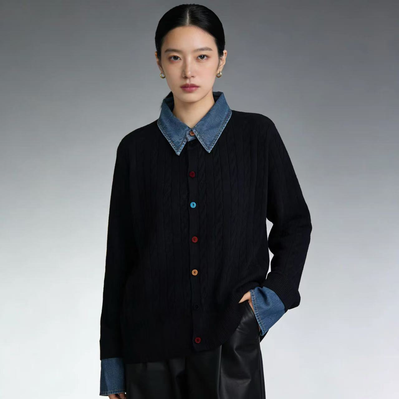 WYFS彩扣拼牛仔领针织上衣