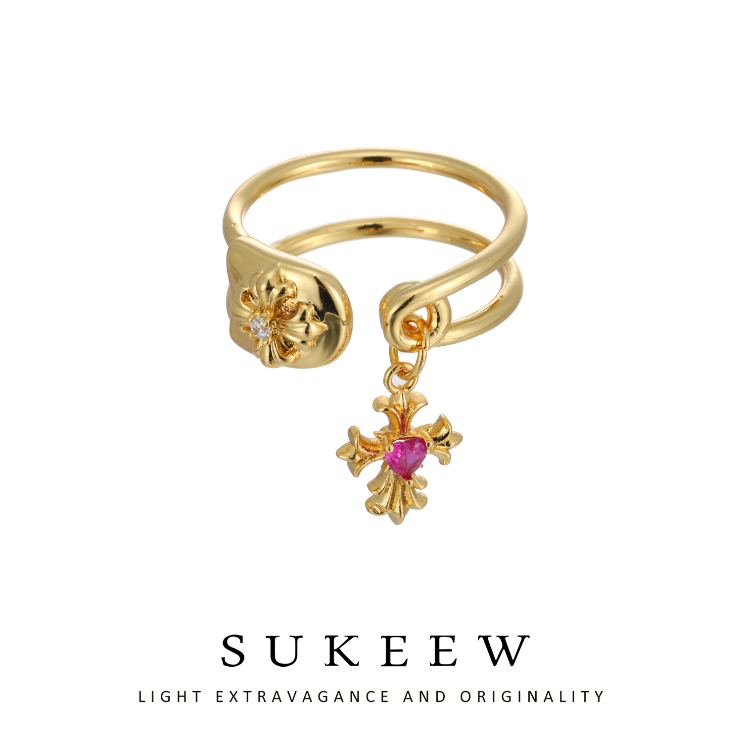 SUKEEW/酥可 铜合金合成锆石戒指 别针设计流苏十字架戒指761102