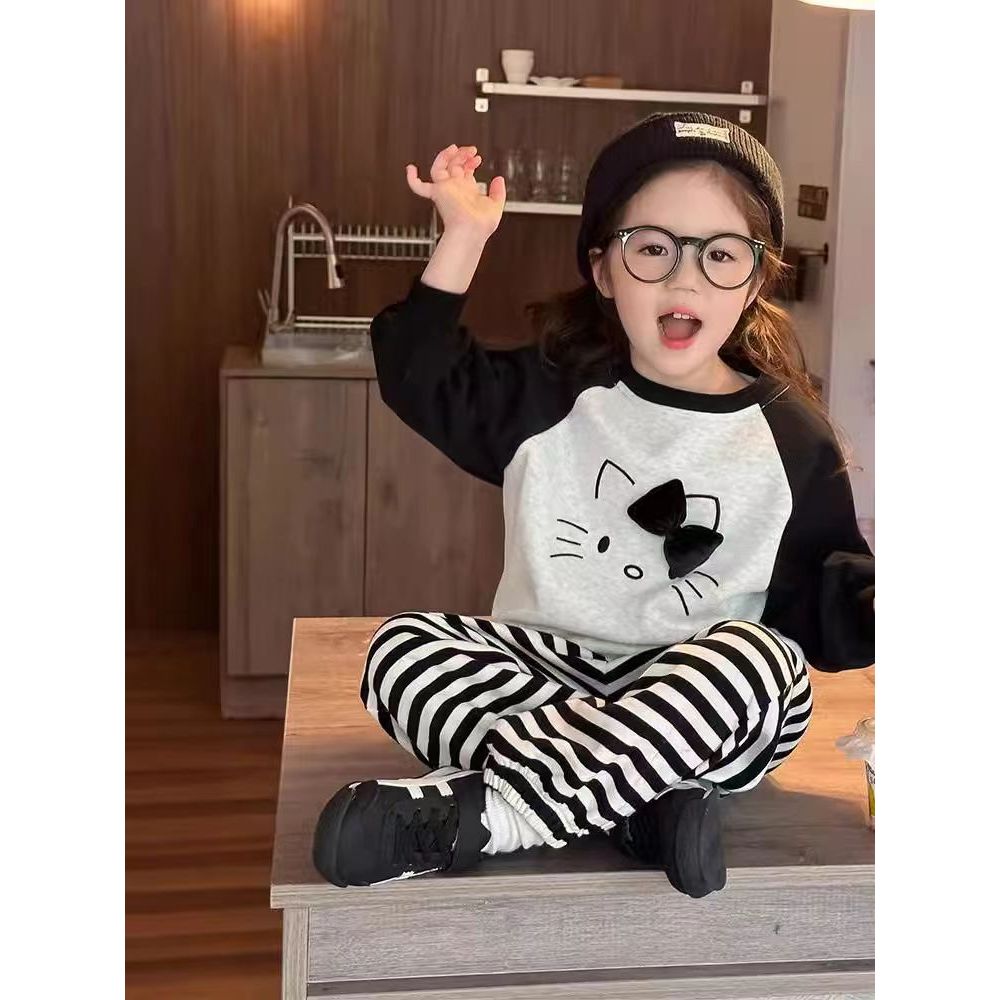 小丸子  56259韩系女童长袖运动套装蝴蝶结圆领卫衣条纹卫裤套装