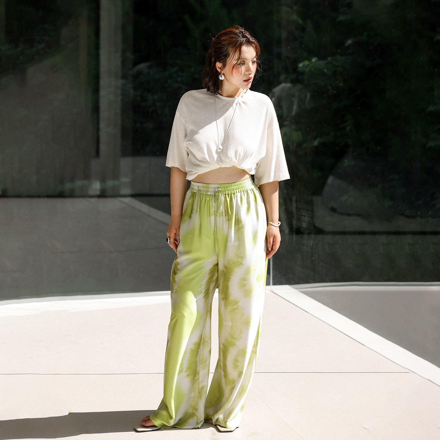 【折扣款】PLUSMALL 松烟漫游 缎面渐变扎染松直筒裤PLUS2506124