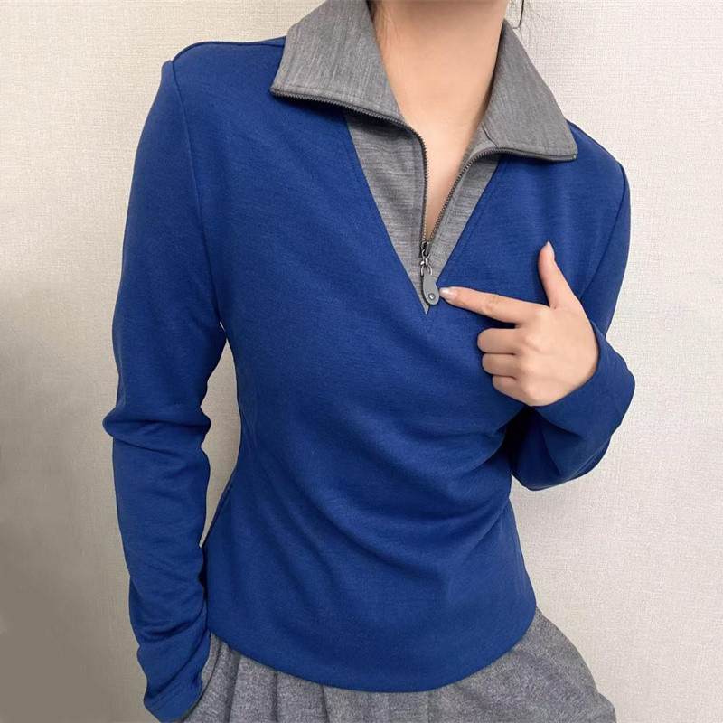 【商场同款】2025秋冬新款时尚半拉链拼色绵羊毛长袖衬衫女530162