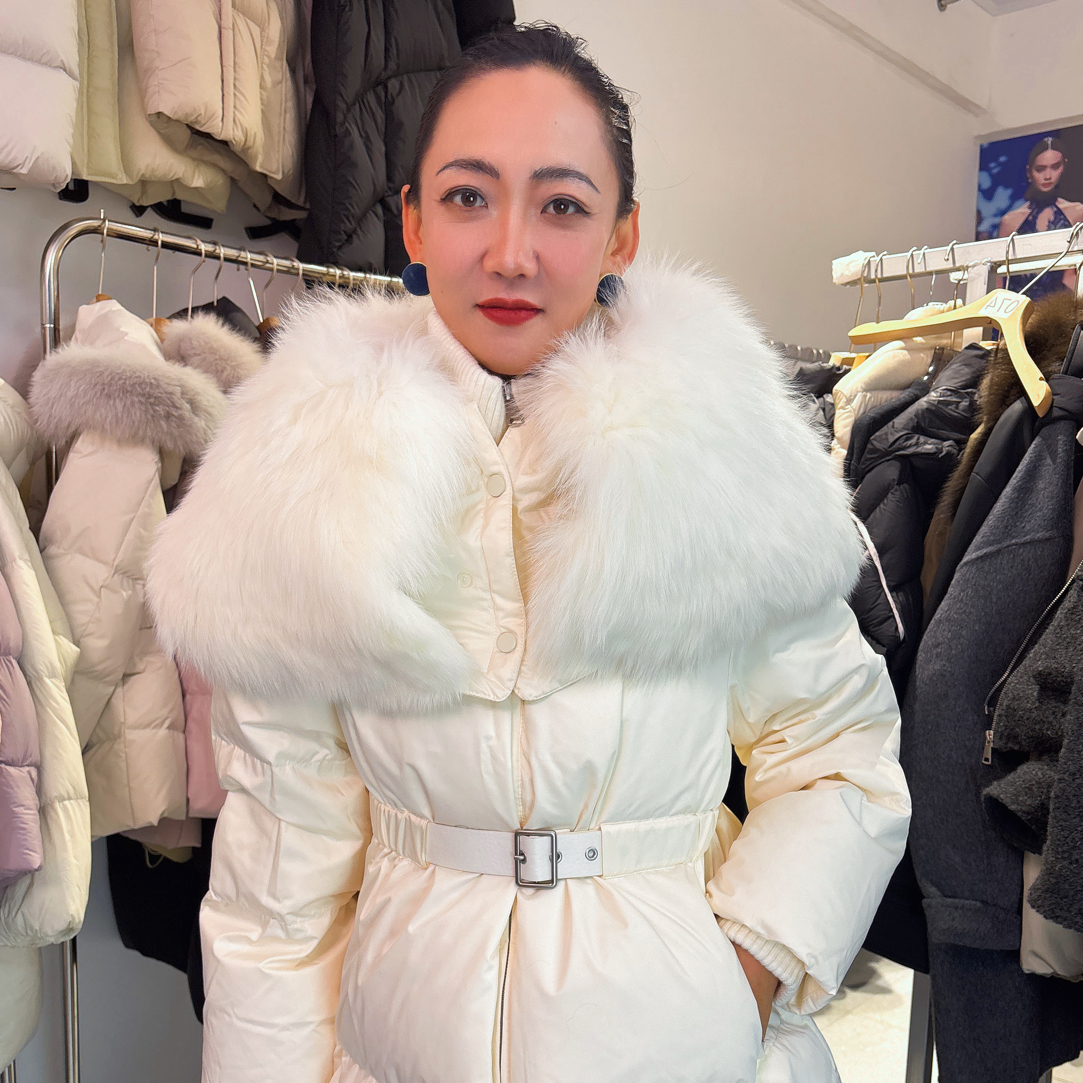新款韩系大狐狸毛领收腰加厚白鹅绒女士冬季中长款羽绒