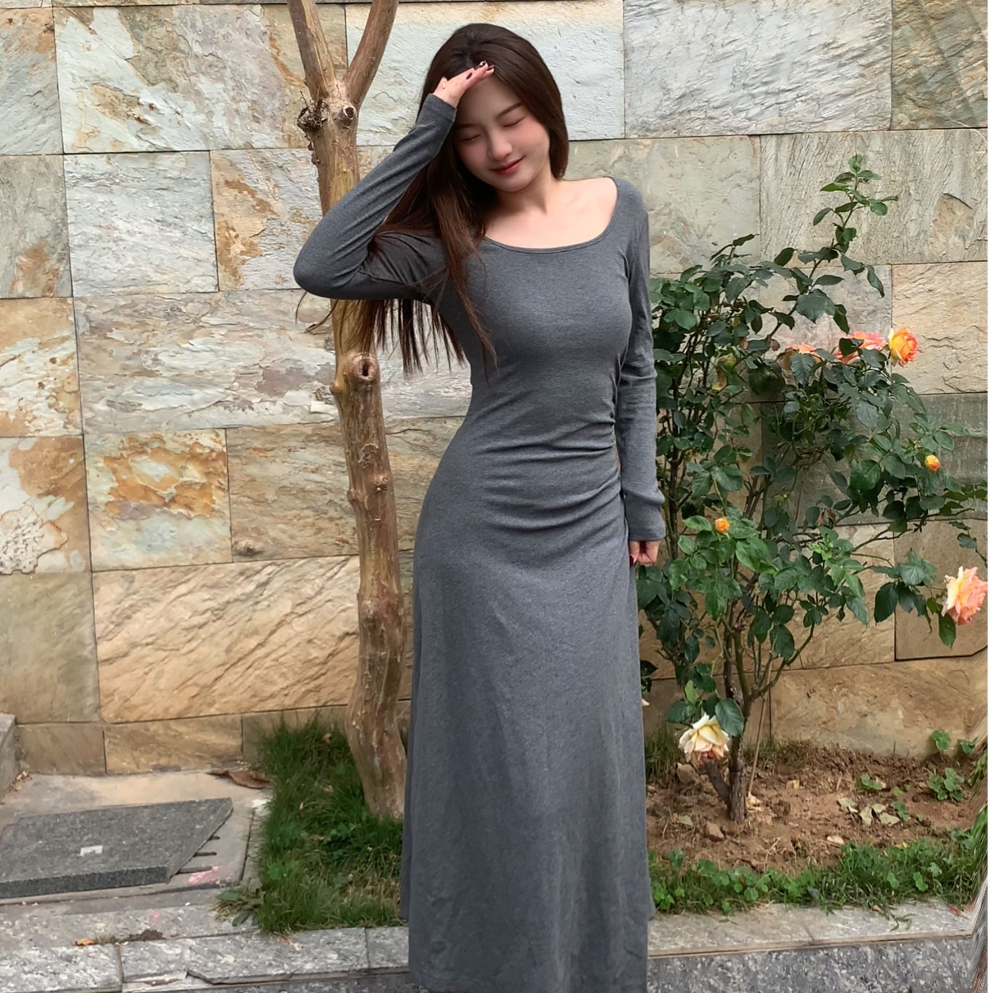 【壹点点甜】春季新款法式茶歇高级感灰色收腰修身显瘦内搭连衣裙