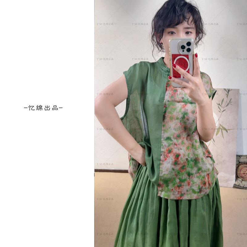 忆绵出品224303“一轮心动”绝美独特国风元素苎麻漂亮上衣