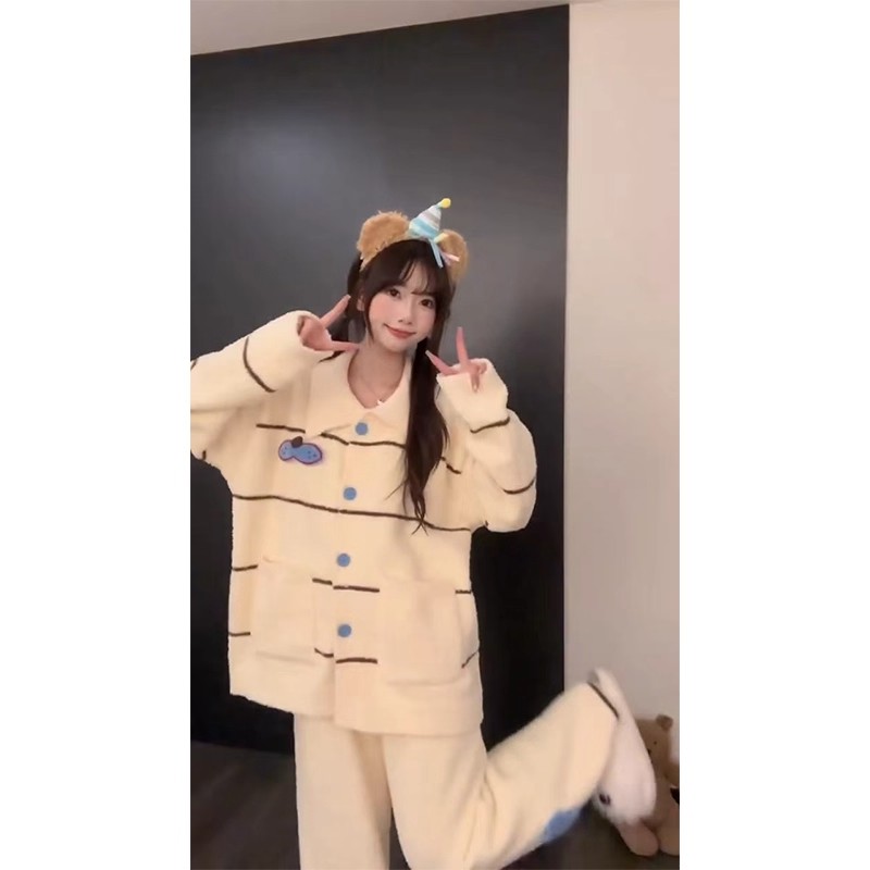大码冬天设计条纹保暖针织半边绒睡衣女季加厚外穿家居服套装外穿