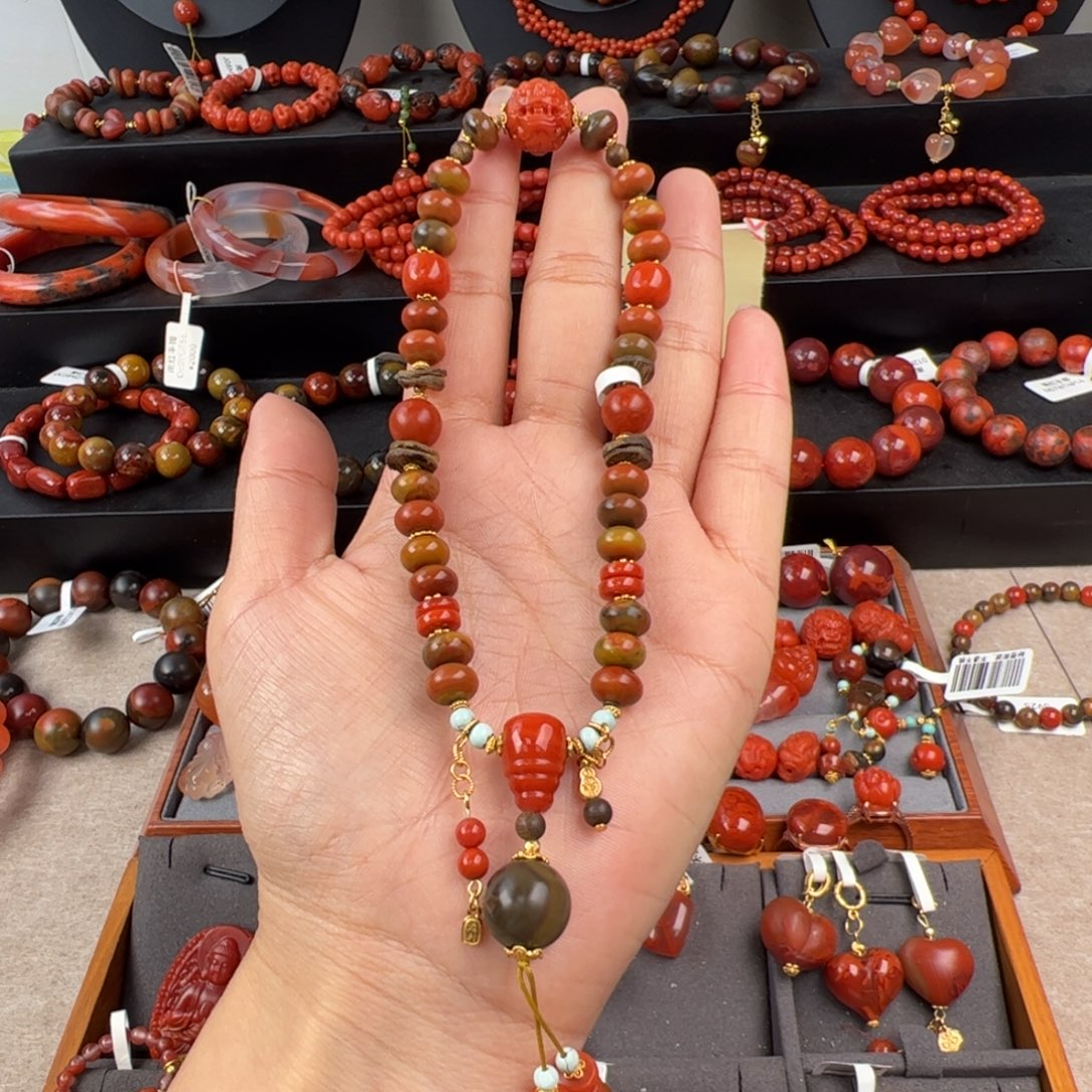 南红玛瑙银S925镶嵌（大山包包浆算盘珠手持8mm+