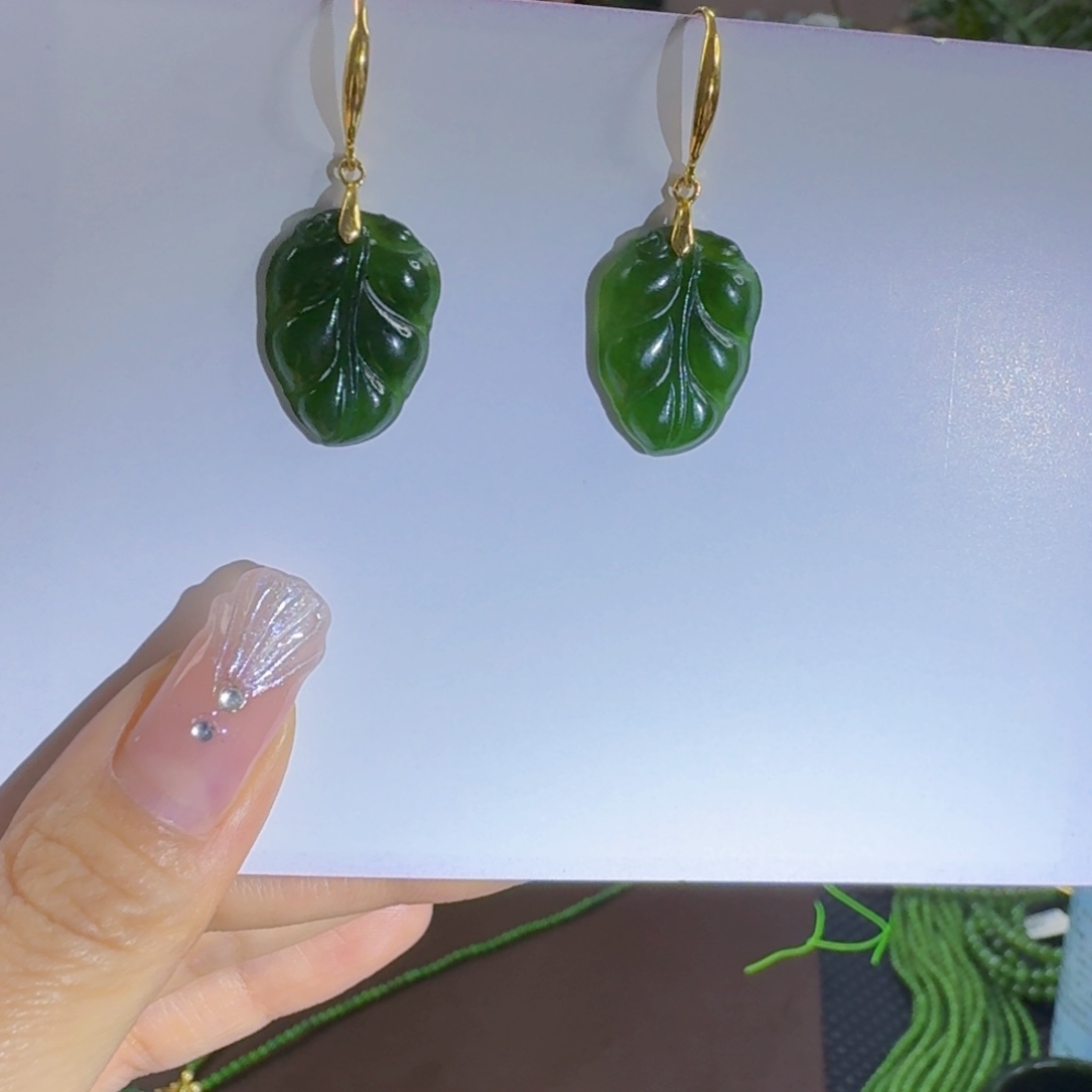 和田玉（碧玉）银S925镶嵌耳饰