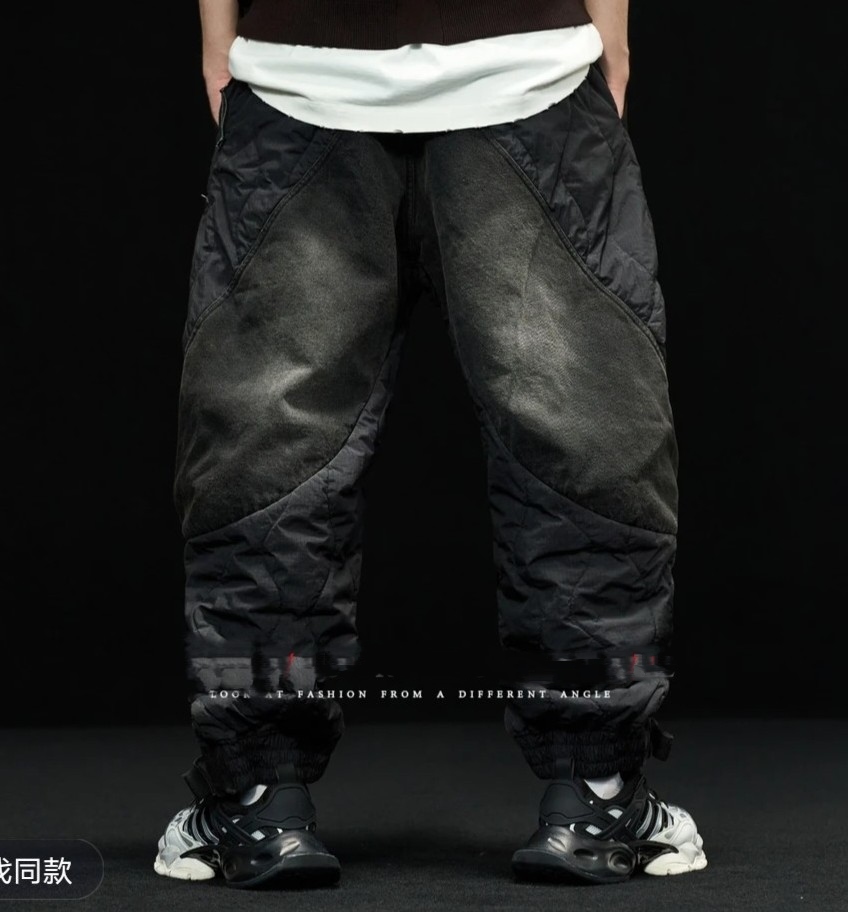 MUMU STUDIO 保暖潮流风棉长裤常规款牛仔拼接运动防风束脚裤冬季