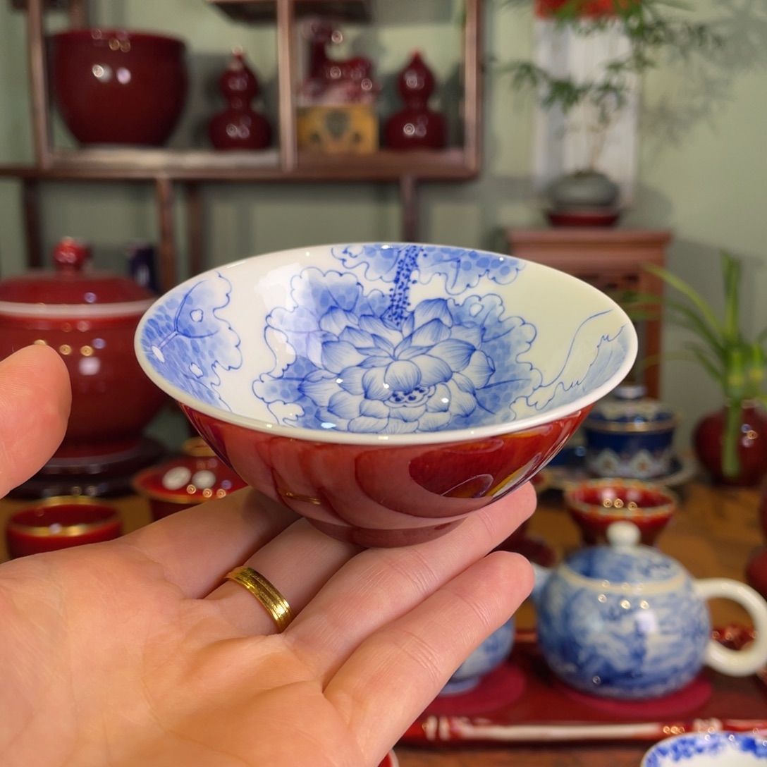 清欢雅玩原矿郎红福利内绘荷花敞口杯