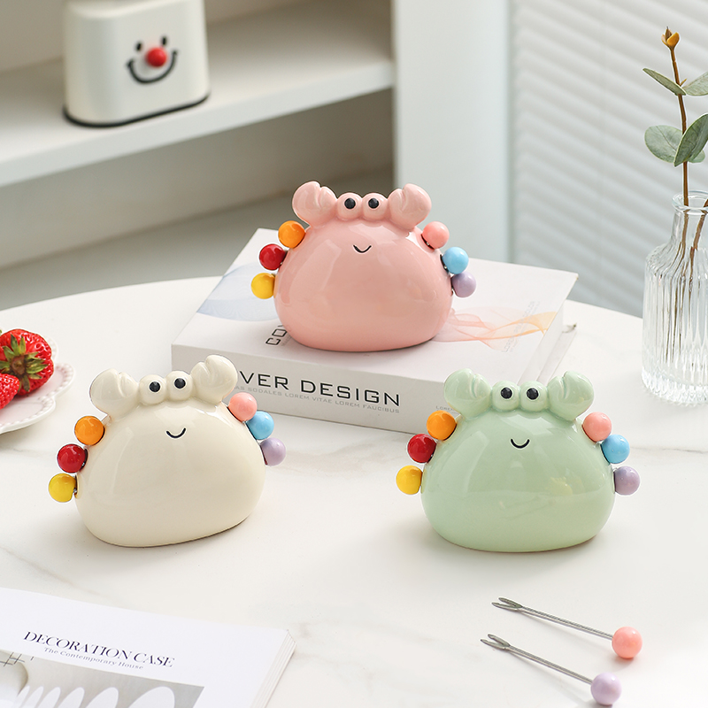 可爱螃蟹水果叉套装不锈钢家用高级感儿童安全陶瓷收纳罐甜品叉子