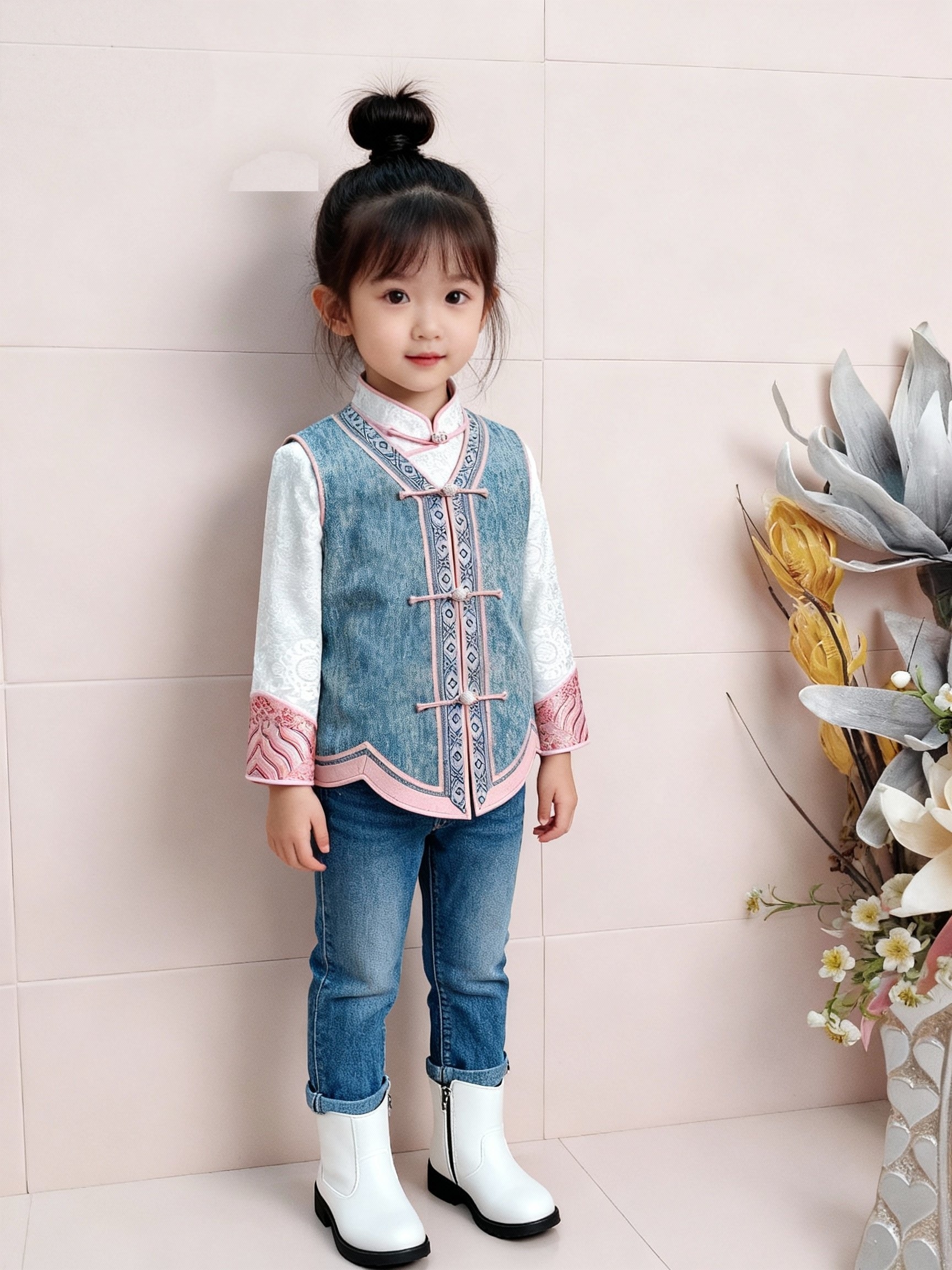 儿童蒙古元素洋气牛仔马甲-萌宝时尚穿搭