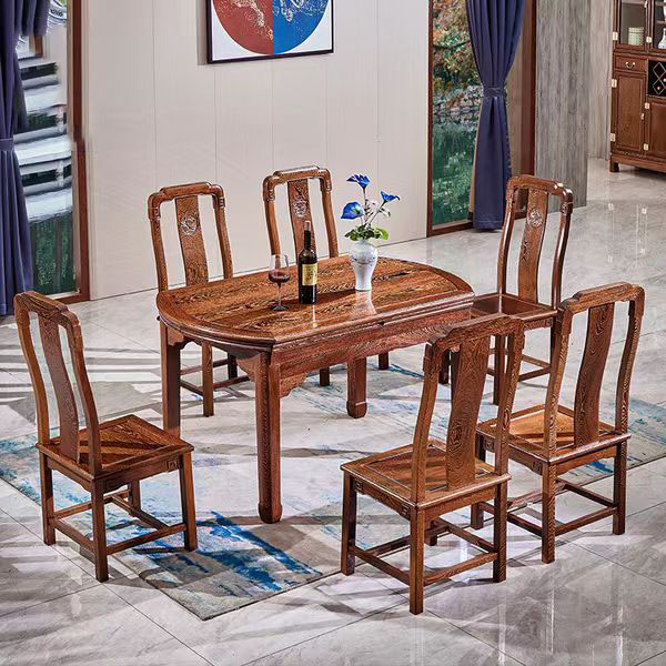 伸缩餐桌鸡翅木餐桌组合可折叠变形圆桌椅饭桌小户型家用红木家具