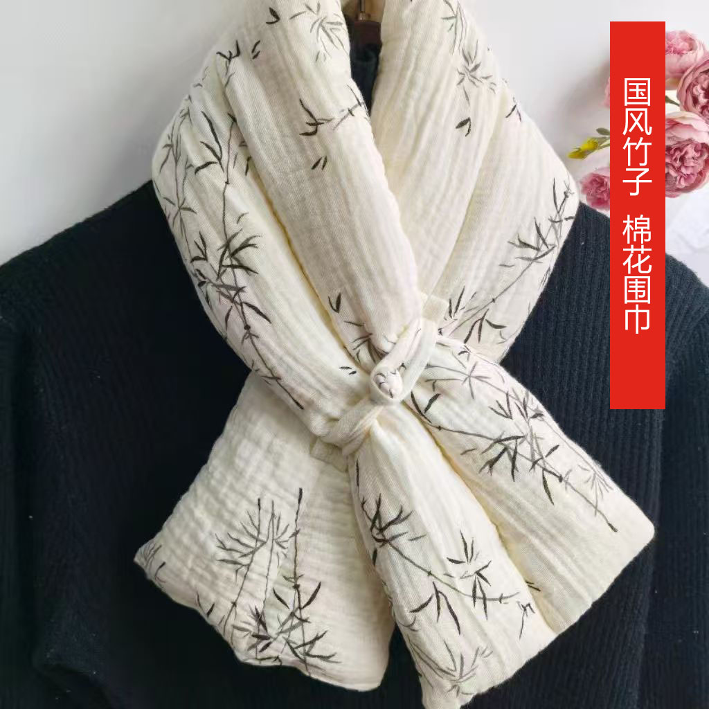 新中式纯棉花围巾秋冬保暖加厚儿童成人围脖可调节舒适亲肤围巾